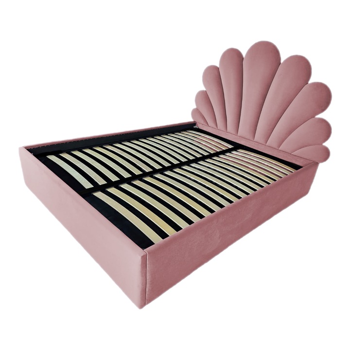 Pat tapitat Lotus,120x200cm, somiera metalica rabatabila, spatiu depozitare, roz