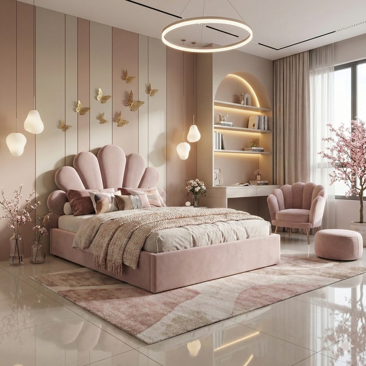 Pat tapitat Lotus,140x200cm, somiera metalica rabatabila, spatiu depozitare, roz pal