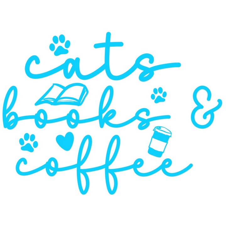 Sticker Exterior cu labute si textul "Cats, books, coffee" - pisici carti cafea, Vinyl Albastru, 30 cm