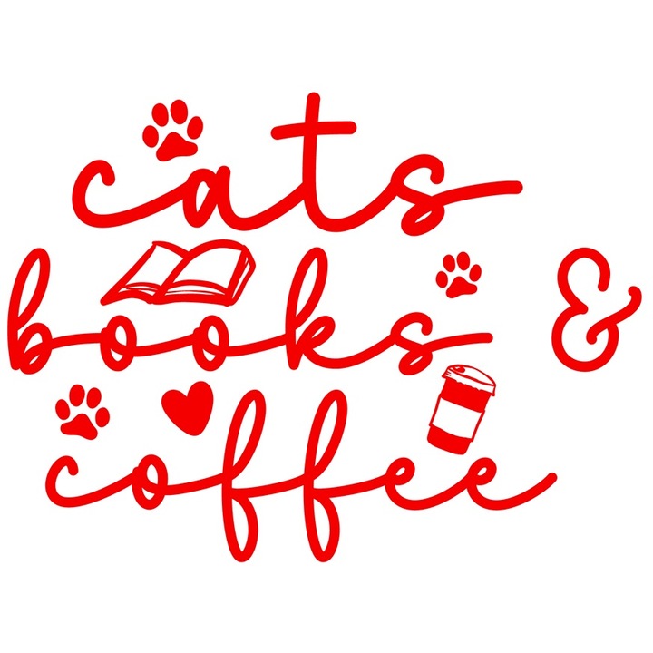 Sticker Exterior cu labute si textul "Cats, books, coffee" - pisici carti cafea, Vinyl Rosu, 40 cm