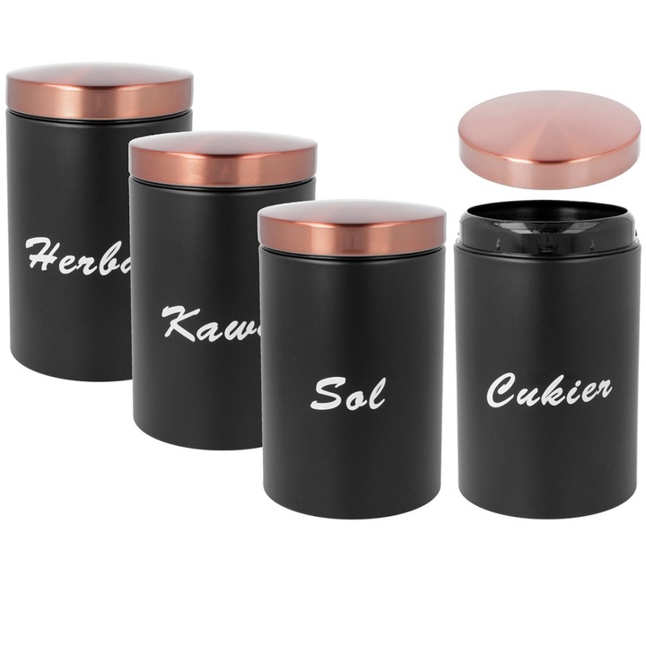 Set 4 recipiente bucatarie, Metal, Negru cu Capac Cupru, 11x16cm