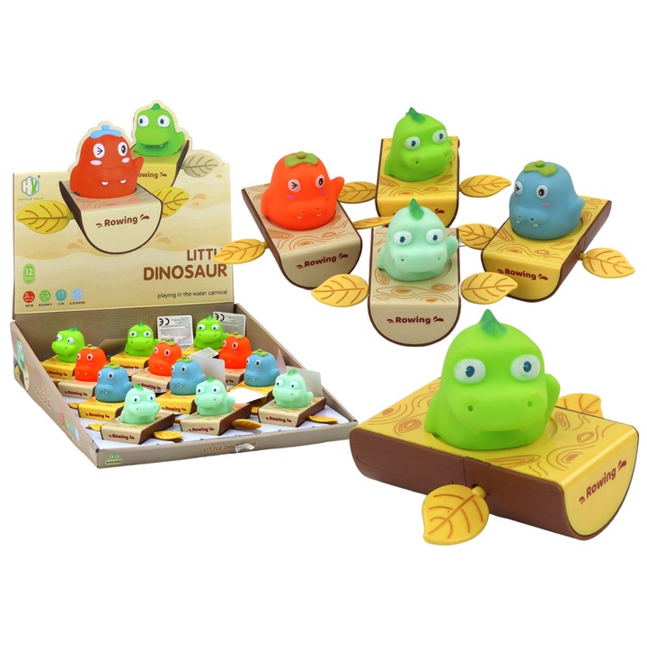 12 darabos fürdőjáték szett, LEAN TOYS, dinoszaurusz csónakban, többszínű, 12,5x9x7,5cm