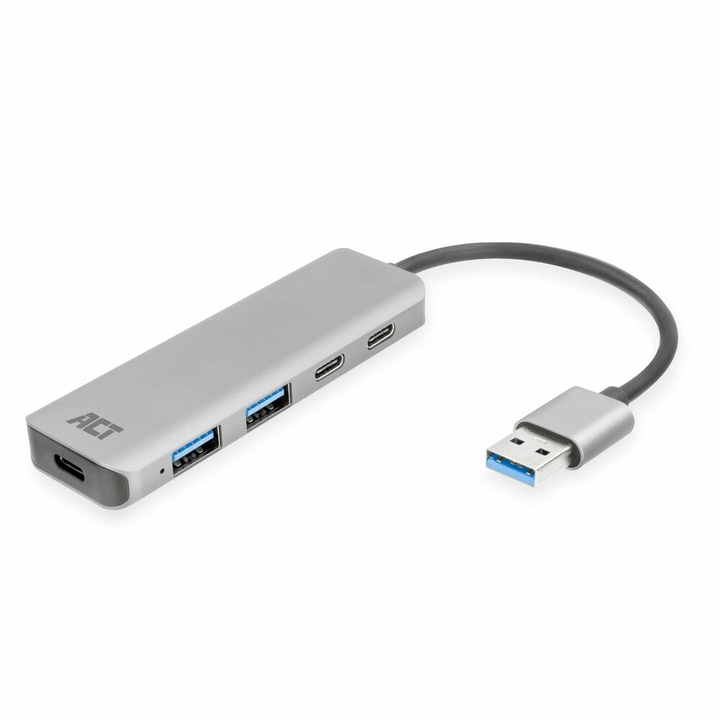 Hub USB ACT AC6125, 3.2 Gen 1, transfer 5000 Mbit/s, aluminiu, gri