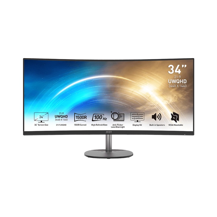 MSI PRO MP341CQDE PC monitor, 34", UltraWide Quad HD, 178°-os betekintési szög, fekete, 120x120x25mm