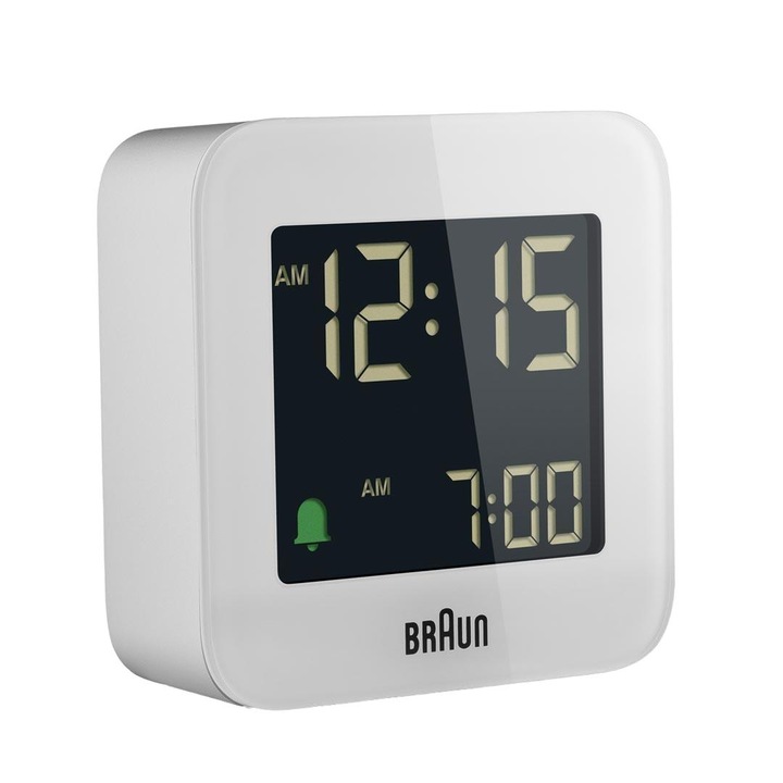 Digitális ébresztőóra, Braun, LCD, 57.5 x 57.5 x 20 mm, fehér