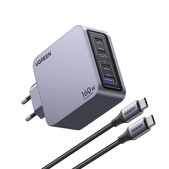 Комплект зарядно Nexode Pro и USB-C кабел, Ugreen, 160W, 120x120x25mm, черен/сив