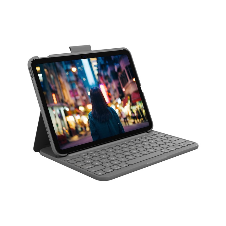 Клавиатура за таблет Logitech Slim Folio, съвместима с iPad gen. 10-ти, безжичен, сив