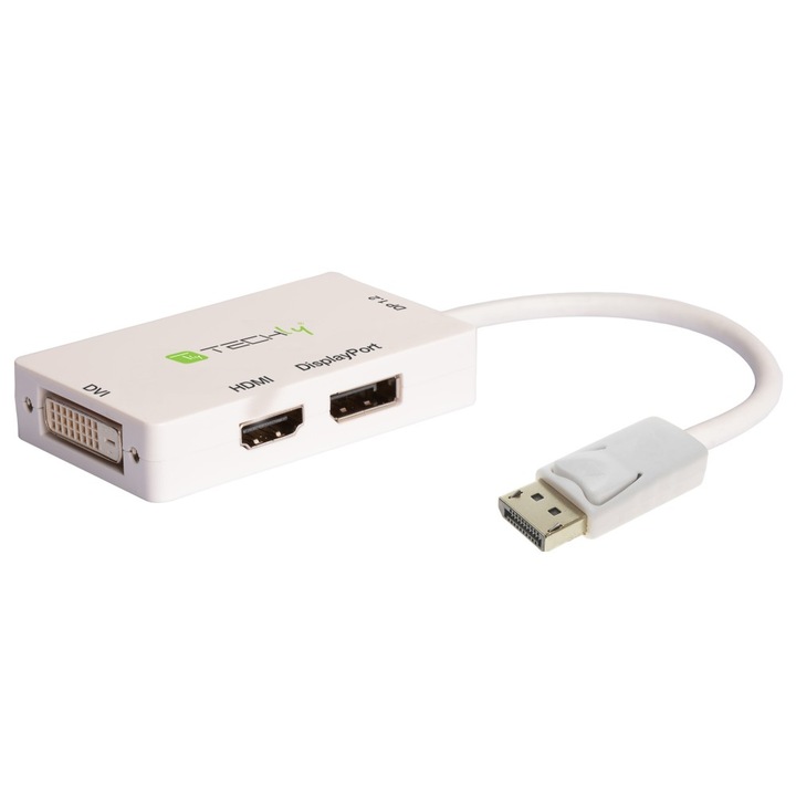 Adaptor video Techly IADAP DP-COMBOF3, DisplayPort + DVI + HDMI, alb, 120x120x25mm