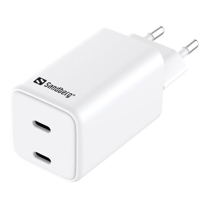 Töltő, Sandberg, Dual USB-C PD65W, fehér, 120x120x25mm