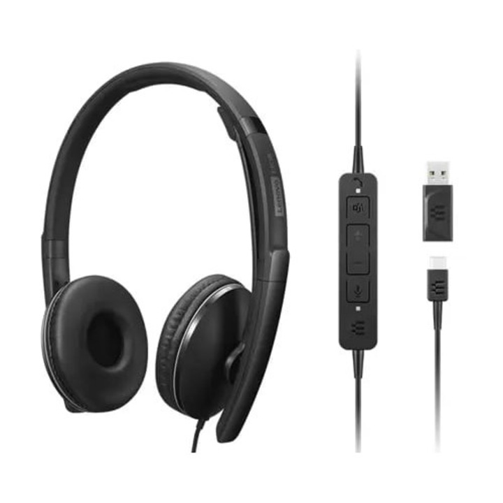 Set Casti cu fir Lenovo 4XD1M45627, cu banda de sustinere, USB Tip-C, Negru