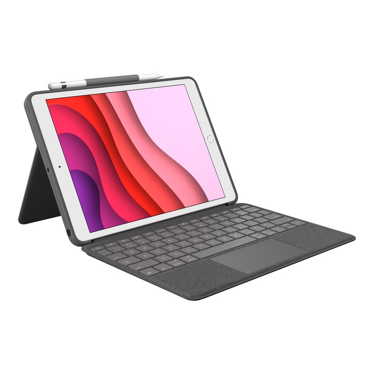 Husa cu tastatura Logitech Combo Touch, compatibila iPad (7th, 8th, 9th gen), QWERTZ, Touchpad, Grafit, 120x120x25mm