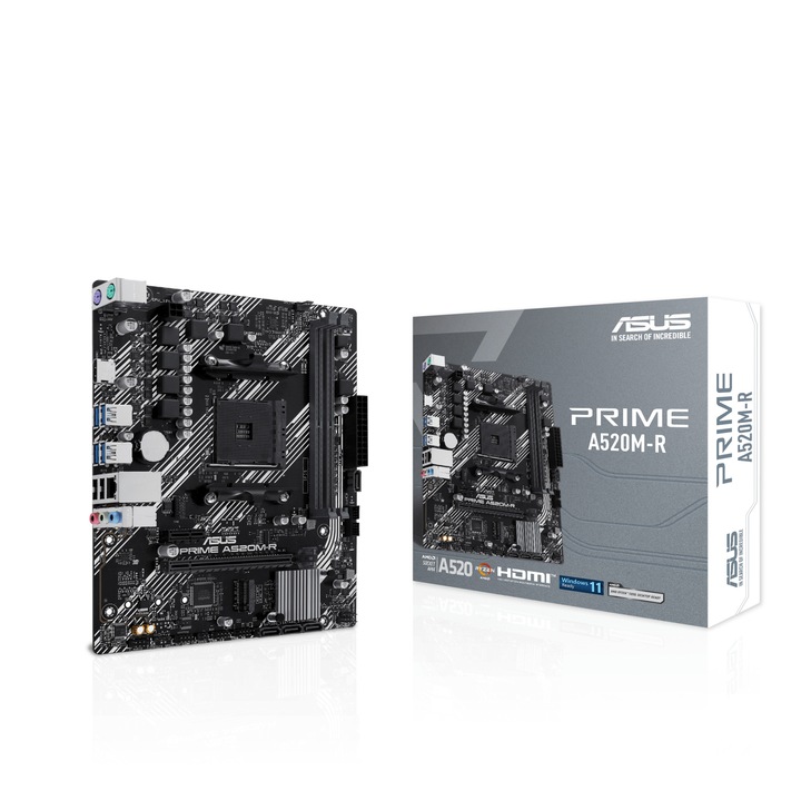 Дънна платка ASUS PRIME A520M-R, Socket AM4, DDR5-SDRAM, Gigabit Ethernet, micro ATX, 120x120x25mm