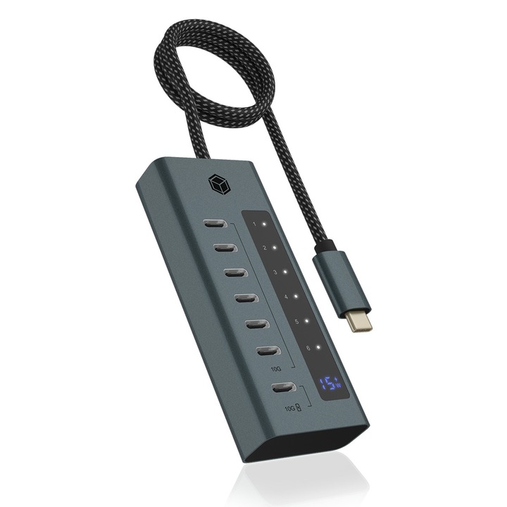 USB хъб, ICY BOX, алуминий, USB 3.2 / USB-C, 10000 Mbit/s, 316 x 443 x 238 mm, син / тъмно сив