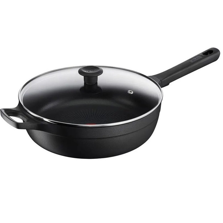 Cratita Tefal Trattoria Pro, aluminiu turnat/sticla, cu capac, 28 cm, Negru