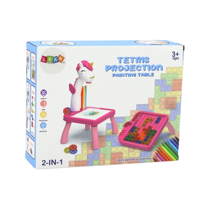 Set Mini Proiector/Tetris 2 in 1, LEAN TOYS, interactiv, albastru, 33x20x17cm