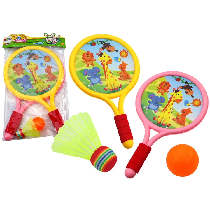 Set rachete badminton pentru copii, LEAN TOYS, motiv animale, galben si roz, 38.5x23.5x3.5cm