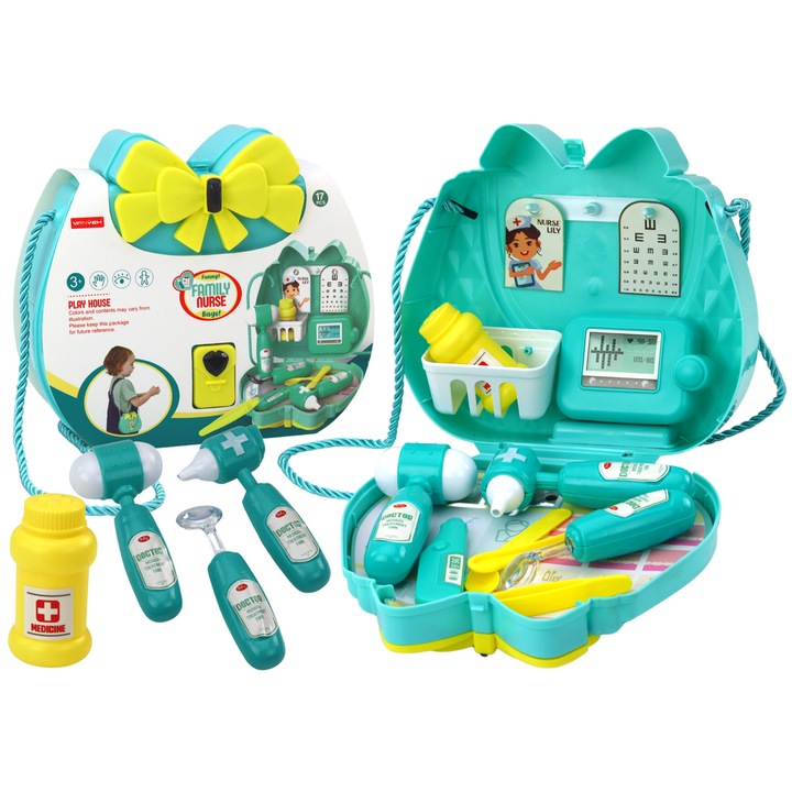 Set joaca doctor, LEAN TOYS, geanta turcoaz cu fundita galbena, 20x18.5x9cm, 3ani+