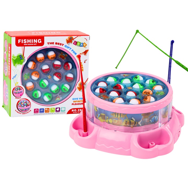 Joc pescuit pesti Lean Toys roz, lumini si sunete, 19.5x19.5x8.5cm