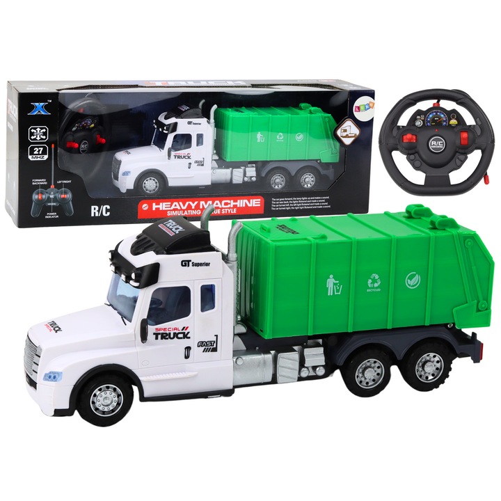 Camion de gunoi RC, Lean Toys, verde, cu lumini si sunete, 35,5x14x9,5cm, set fara baterii