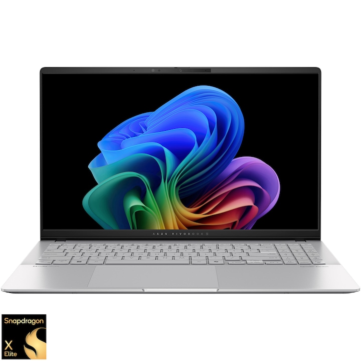 Laptop ASUS Vivobook S 15 OLED S5507QA cu procesor Qualcomm® Snapdragon X Plus X1P 42 100 pana la 3.4GHz, 15.6'', 3K, OLED, 16GB LPDDR5X, 1TB SSD, Qualcomm® Adreno™ GPU, Windows 11 Home, Cool Silver