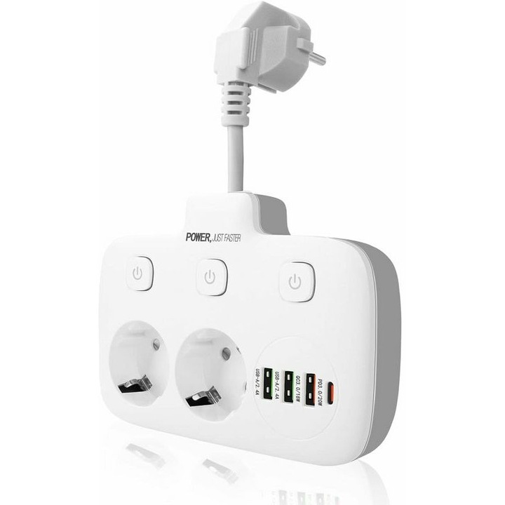 Стенен удължител QttvbTna, 2 гнезда, 3 USB порта, PD3.0, QC3.0, защита от претоварване, бял