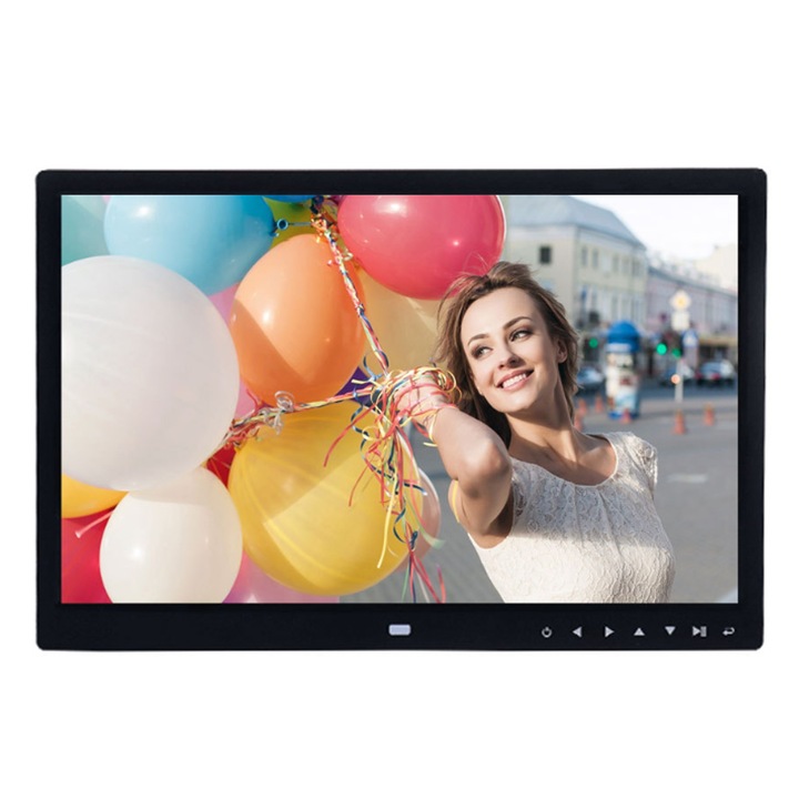 Цифрова фоторамка, QttvbTna, LED, 15 инча, Дистанционно управление, Мултифункционална, Резолюция 1280 x 800, 2000 mAh, Черна