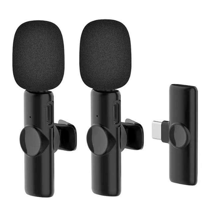 Lavalier vezeték nélküli mikrofon, QttvbTna, 2 mini klip, fekete