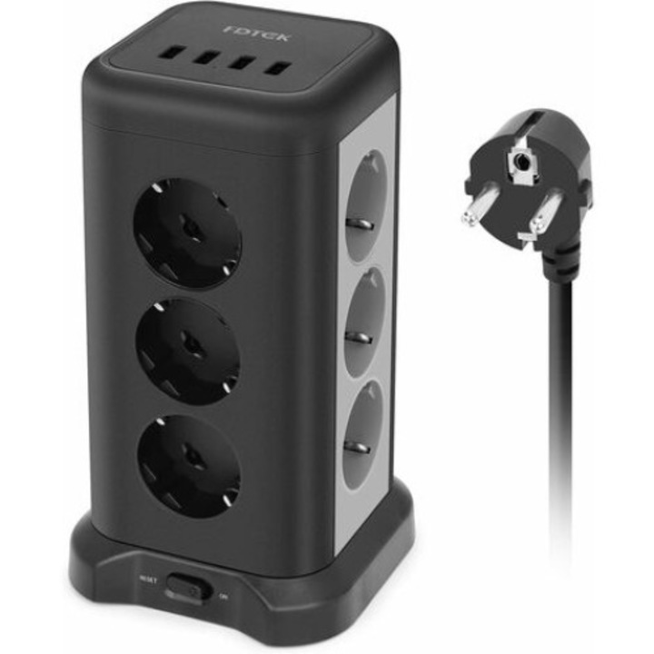 Разклонител QttvbTna tower extension, 12 гнезда, 4 USB порта, защита от претоварване, 2M