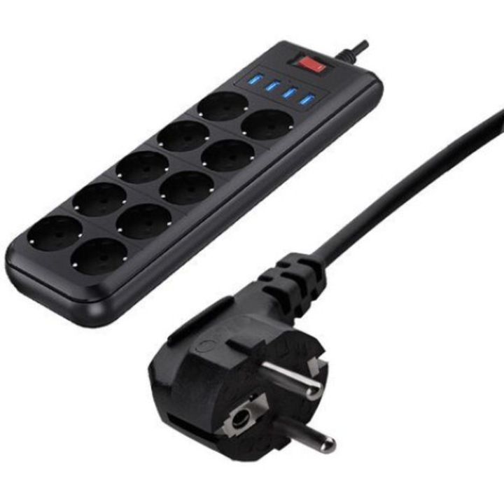 QttvbTna удължителен кабел, 5 AC контакта, 1 Type-C порт, 3 USB порта, защита от пренапрежение, 4000W, 2m кабел