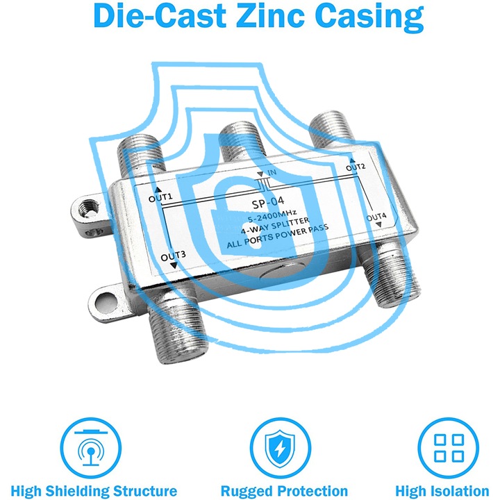 Divizor semnal coaxial 4 iesiri, argintiu, 5-2400MHz, zinc aliaj
