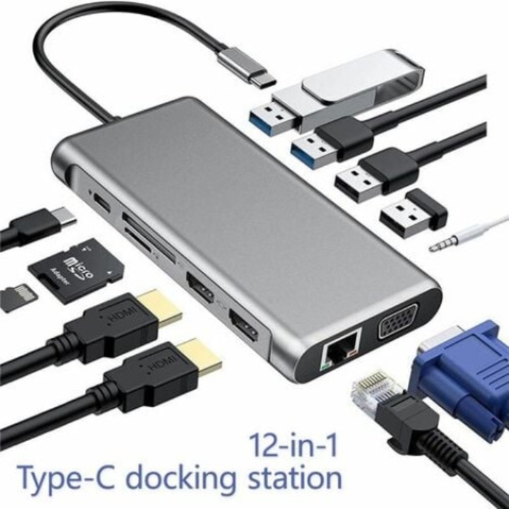 QttvbTna 12-в-1 USB-C хъб, Ethernet, PD зареждане, 2 HDMI 4K, VGA, 2 USB 3.0, 2 USB 2.0, SD/TF четец