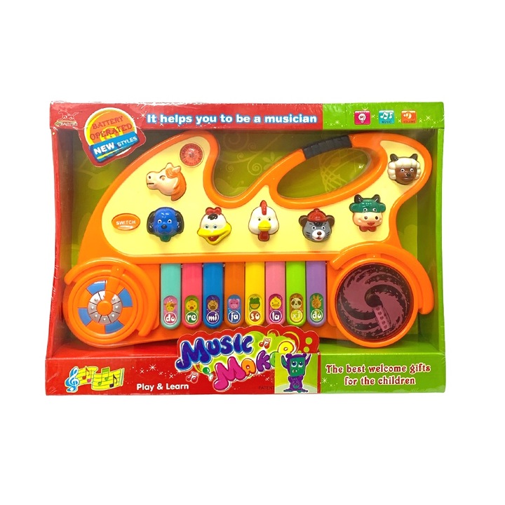 Zenés állatos zongora 167428-C 1-154, 15 billentyű, 36 villogó színes fény, 3+, 35 x 26 x 6,5 cm, narancs