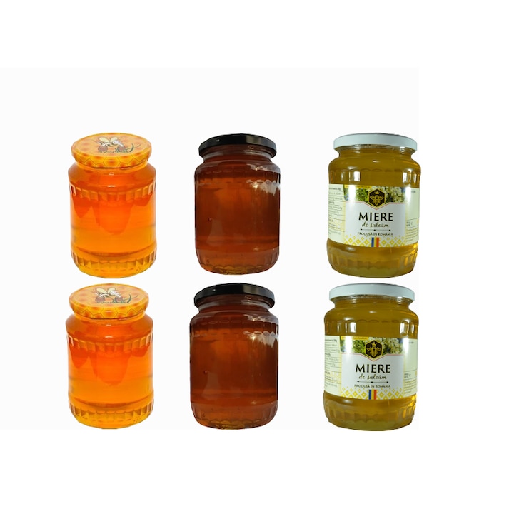 Set 6 borcane, 2 borcane miere salcam, 2 borcane miere de munte, 2 borcane miere poliflora, 950g