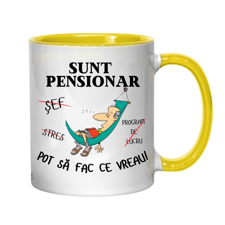 Cana personalizata - Sunt pensionar pot sa fac ce vreau! galben interior, 330 ml