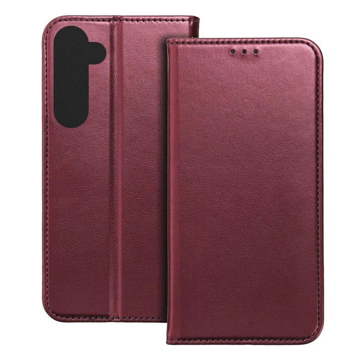Husa pentru Samsung Galaxy S25, Piele ecologica, Premium PU Leather Book, Buzunar card, Inchidere magnetica, Functie stand / suport, Decupaj difuzor apeluri, Acoperire completa 360 de grade, Protectie fata-spate, Tip carte, Visiniu