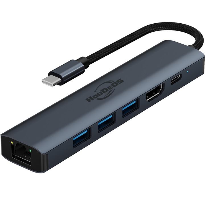 Докинг станция за лаптоп TYPE-C, 6 in1 Plug-And-Play, HDIM, Gigabit Ethernet, PD 100W, 3 USB 3.0, 127 x 28 x 14 mm, Тъмносив