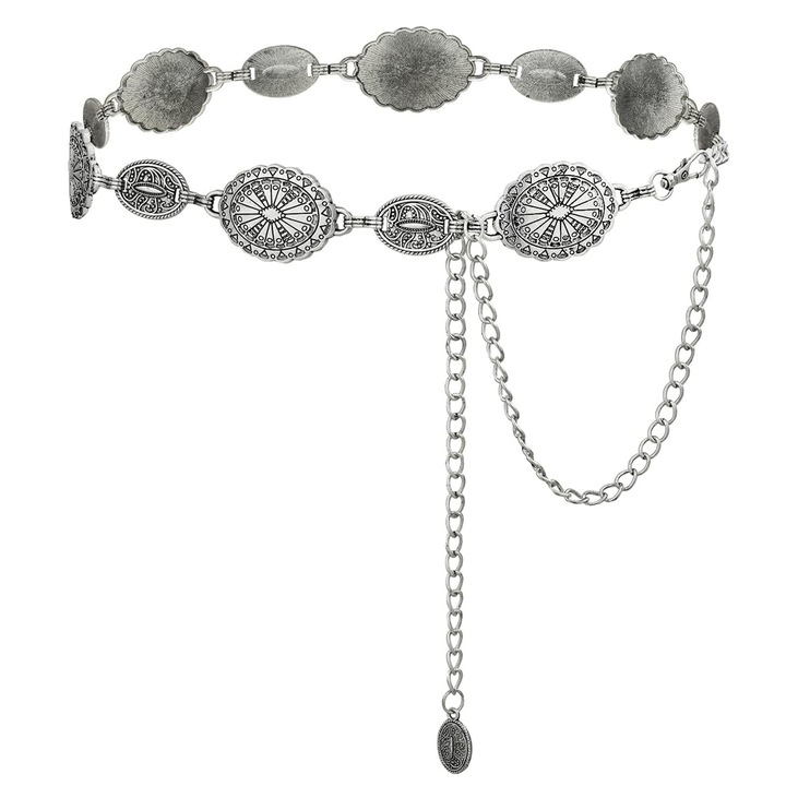 Női öv láncokkal, SIBINTA, Egyszerű, Retro, Arany lánchosszabbítással, Bohém etnikai stílus, Állítható, Sima és kopásálló, Ruhával vagy nadrággal viselhető, Fém, 125cm, Ezüst