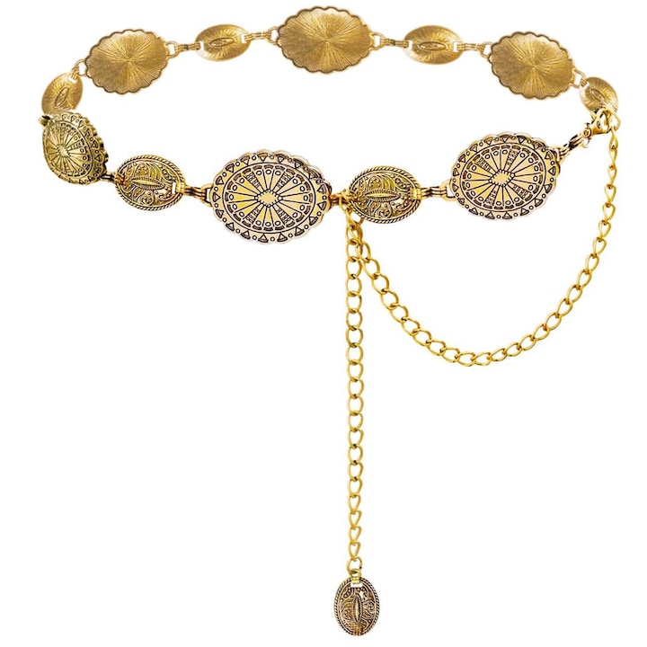 Női öv láncokkal, SIBINTA, egyszerű, retro, arany lánchosszabbítással, bohém etnikai stílus, állítható, sima és kopásálló, ruhával vagy nadrággal viselhető, fém, 125 cm, arany