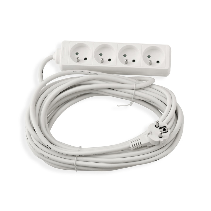 Cablu prelungitor 10m, 4 x priza de alimentare 230V, alb