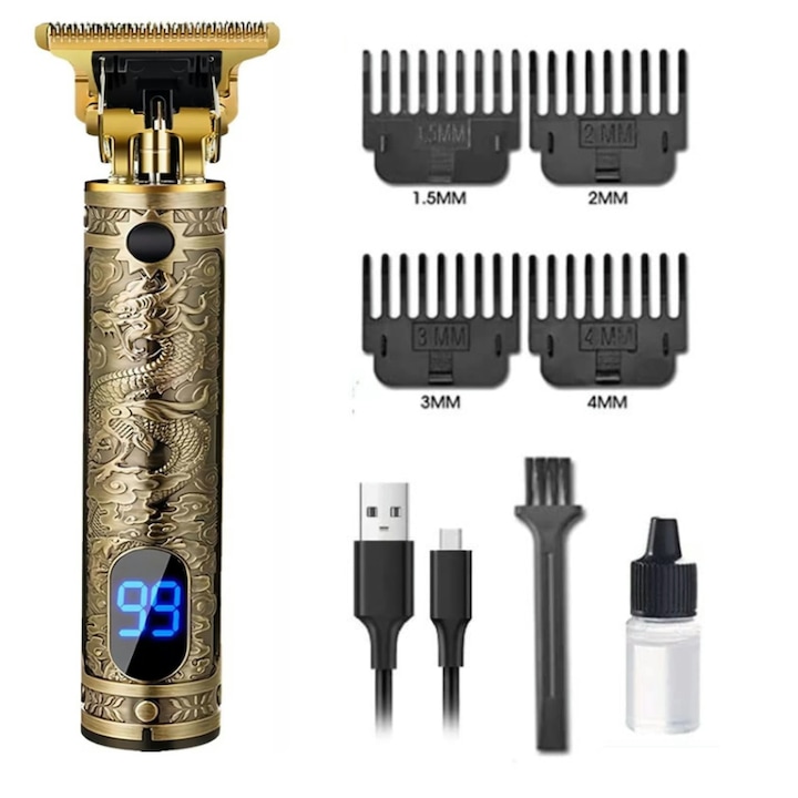 Машинка за подстригване, USB акумулаторна, комплект от 4 гребена, златиста, 1200mAh