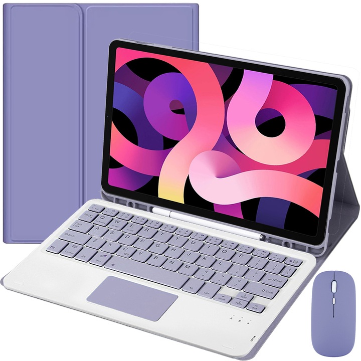 Капак за клавиатура с тъчпад за iPad Pro 11 и Air 5/4 Gen 10.9", безжичен, Bluetooth, 7-цветна подсветка, с писалка, мишка, силиконова мембрана на клавиатурата, лилав