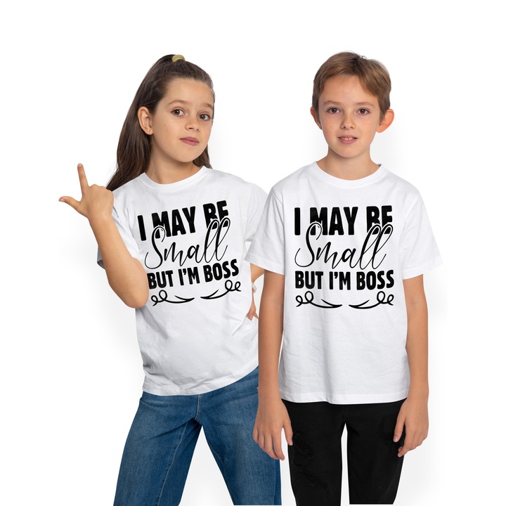 Детска тениска с надпис "I may be small, but I'm boss" - може би съм малък, но аз съм шефът 100% памук, унисекс, бял, 10 години, 146CM