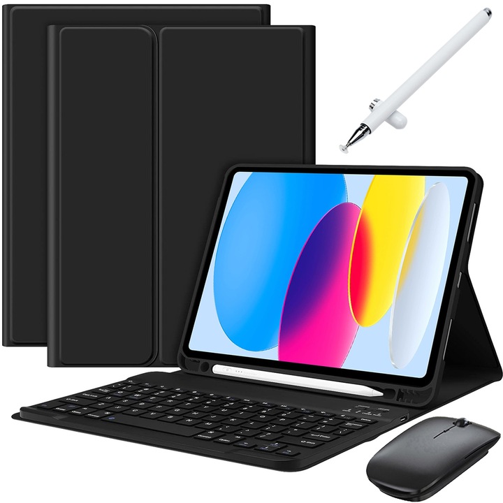 Калъф за таблет с клавиатура за iPad 10 Gen.2022 10.9", 7 цвята с подсветка, тънък, подвижна Bluetooth клавиатура, включва мишка, капацитивен химикал, силиконова мембрана на клавиатурата, черен