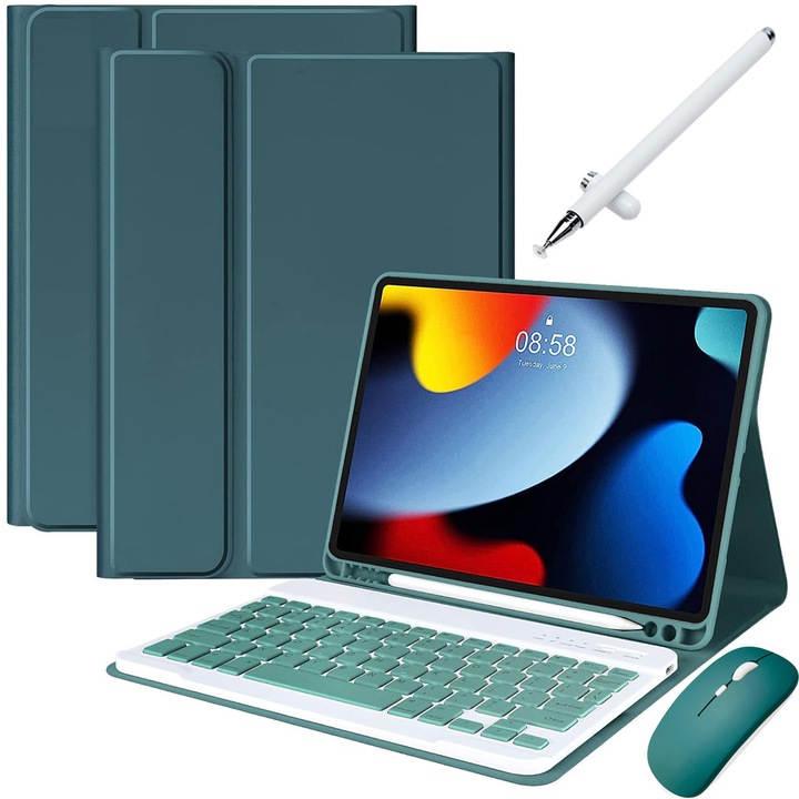 Husa Cu Tastatura iluminata Din Spate, JODAKOR®. 7 Culori, Pentru iPad 10.2" 7th Gen. 2019/ 8th Gen. 2020/ 9th Gen. 2021, Wireless, Bluetooth, Auto Sleep/Wake Include Mouse, Stilou Capacitiv, Capac Pentru Tastatura Cu Membrana Din Silicon, Verde Inchis