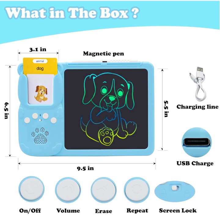 2 az 1-ben LCD tábla gyerekeknek, interaktív és oktató, 112 kártya 224 angol szóval és hangos lejátszással, toll íráshoz és rajzoláshoz, kék