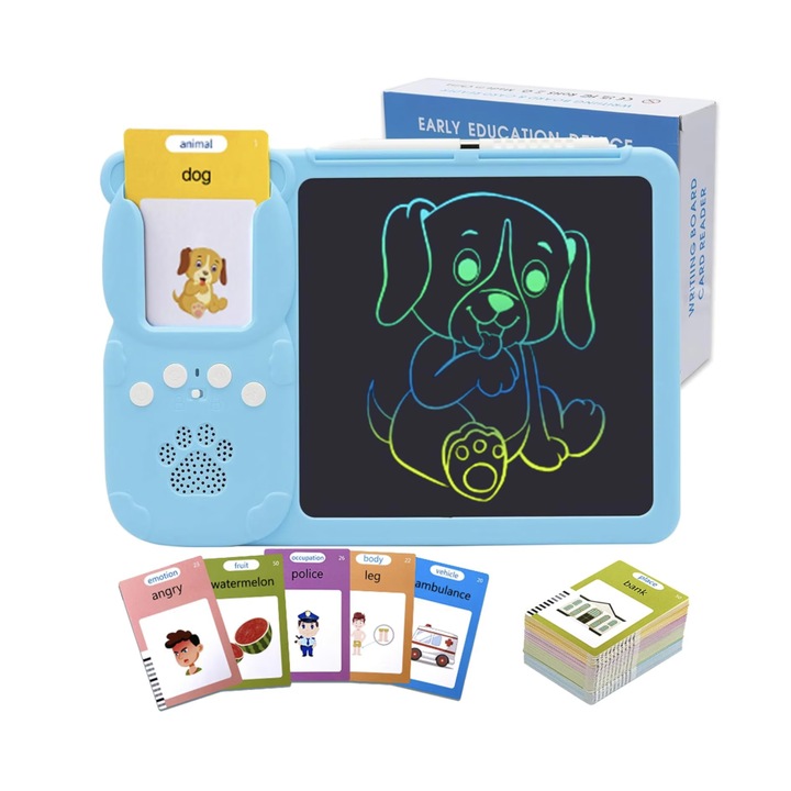 Set tableta LCD 2 in 1 pentru copii, cu cititor de carduri, 112 bucati carduri cu 224 cuvinte, pentru scris, desenat si invatat, 3 ani+, Albastru