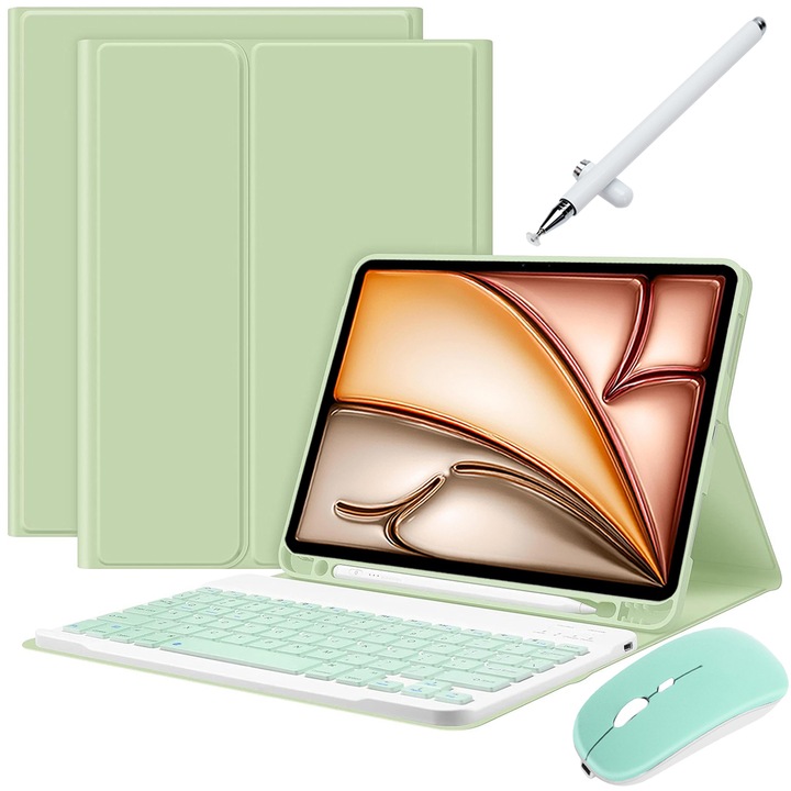 Levehető billentyűzetburkolat iPad Air 11 hüvelykes (M2, 2024), 7 színű háttérvilágítással, egeret, kapacitív tollat, szilikon membrán billentyűzet borítót, világoszöld