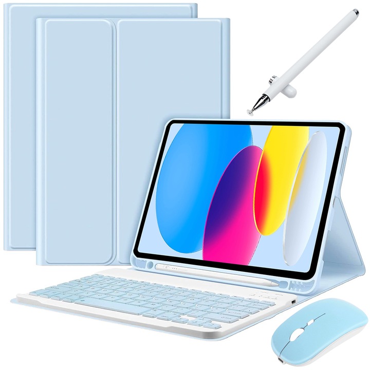 Калъф с клавиатура за таблет за iPad 10 Gen.2022 10,9", 7 цвята с подсветка, тънък, подвижна Bluetooth клавиатура, включва мишка, капацитивен химикал, силиконова мембрана, капак на клавиатурата, син