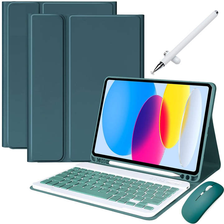 Калъф с клавиатура за таблет iPad 10 Gen.2022 10,9", 7 цвята с подсветка, тънък, подвижна Bluetooth клавиатура, включва мишка, капацитивен писалка, капак на клавиатурата със силиконова мембрана, тъмнозелен