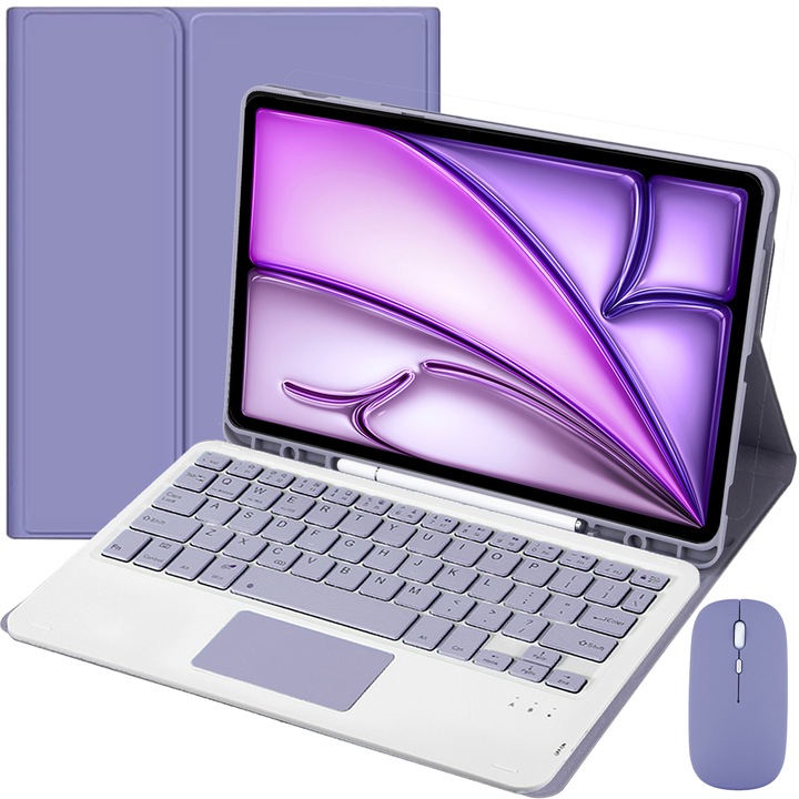 Husa Cu Tastatura Touchpad Pentru iPad Pro 11" 2024, Fara fir, Bluetooth, Iluminare De Fundal in 7 Culori, Cu Stilou, Mouse, Membrana Din Silicon Pentru Tastatura, Violet